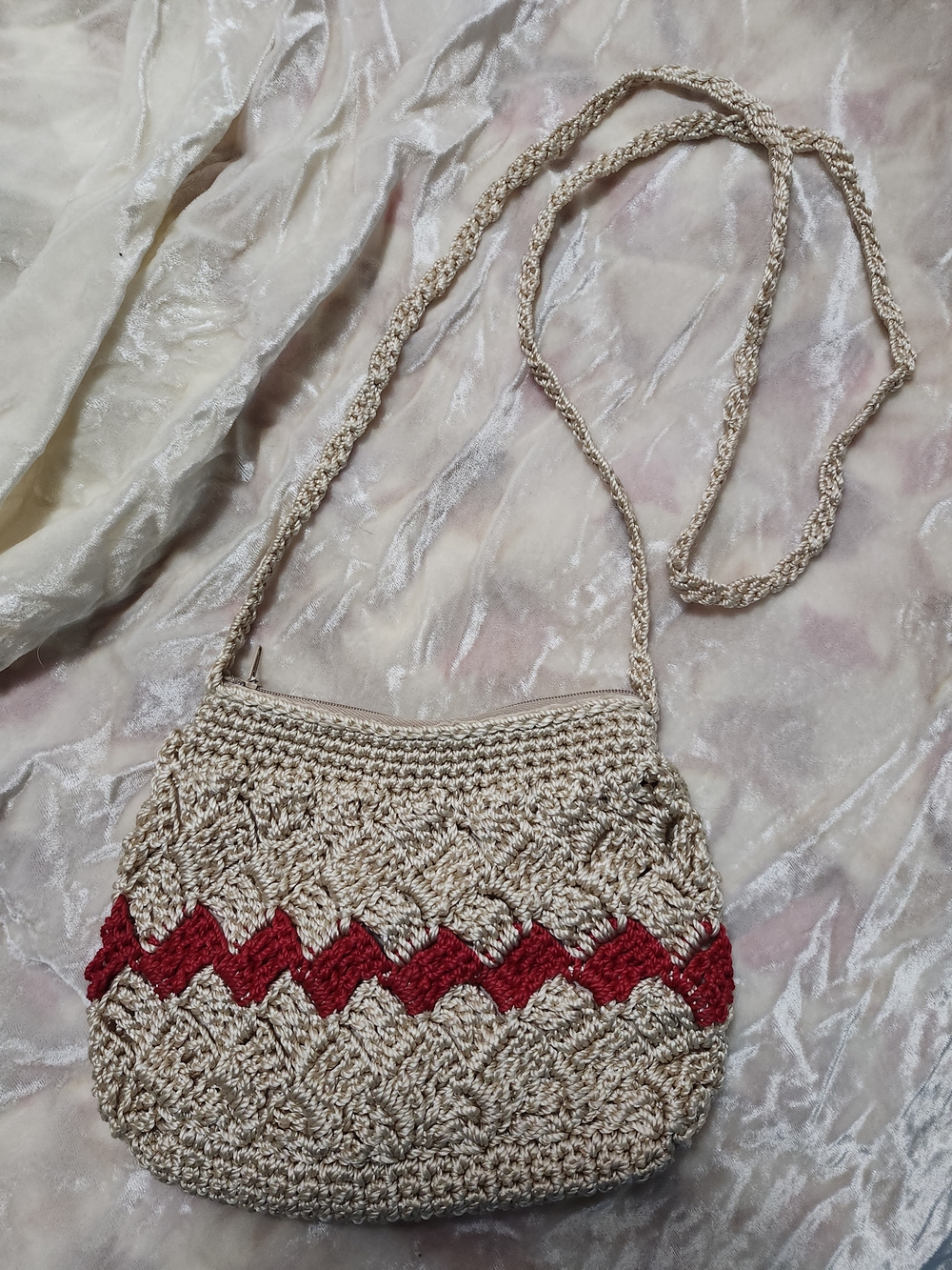 Handcrafted Beige Crochet Crossbody Bag with Red Accent